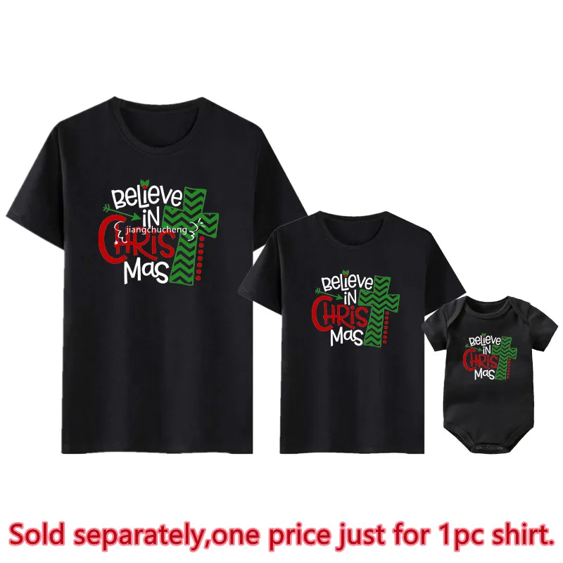 thumbnail image 1 of Divertidas camisetas familiares a juego Believe In Christmas, camisetas de aspecto familiar para papá, mamá y yo, camisetas de algodón para madres e hijos, conjuntos para bebés, 1 of 5