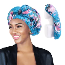 

Women Floral Print Soft Satin Long Bonnet With Buckle Sleeping Cap Long Hair Care Curly Head Cover Headscarf Bonnets Hat