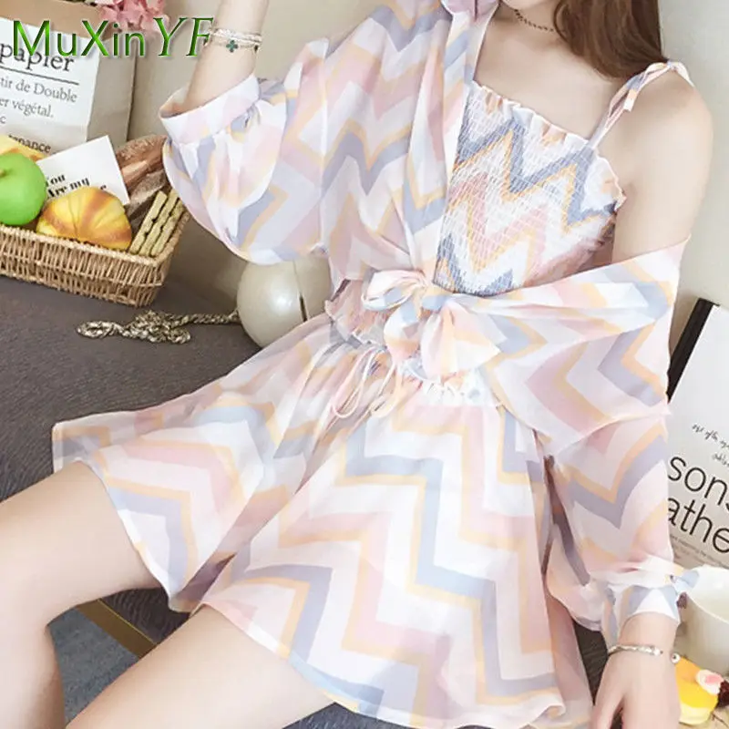 2024 Summer New Chiffon Top Shorts Three-piece Suit Korean Fashion Elegant Blouse Pants Set Female Casual Trousers blouses american flag star striped blouse in multicolor size l m s