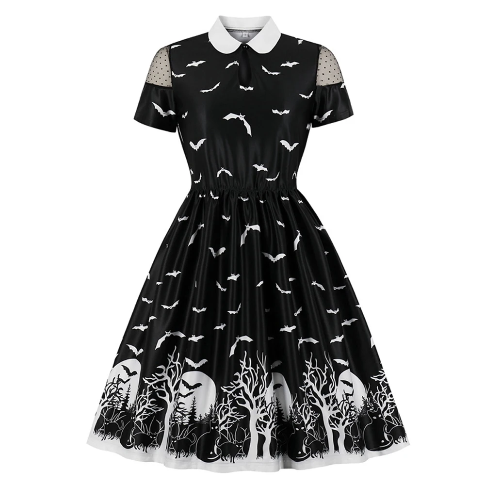 

Women Bat Print Gothic Dress Halloween Vintage Clothing Peter Pan Collar Dot Mesh Shoulder Pleated Punk Party Dresses Vestidos