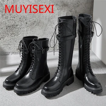 

Full genuine leather lace up med heels punk superstar equestrian knee high boots buckle fasteners plus size 34-43 YT12 MUYISEXI