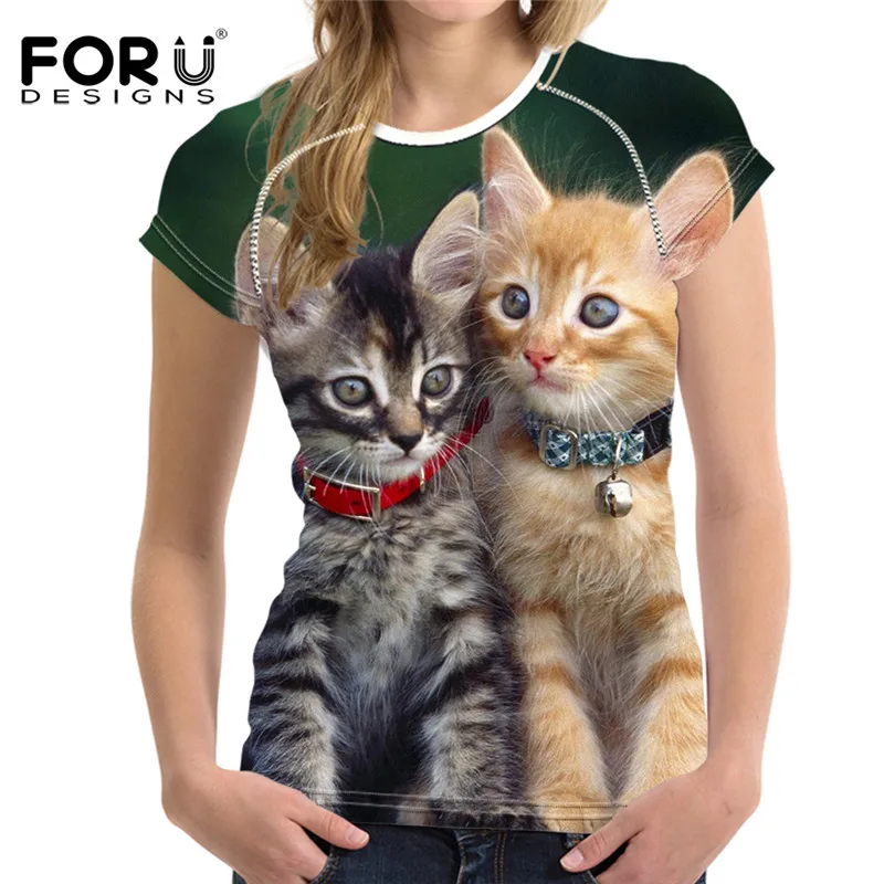 FORUDESIGNS футболка Kawaii, Милая футболка с кошачьими мордочками, Женская 3D летняя футболка, повседневные футболки, футболки с коротким рукавом - Цвет: W2931BV