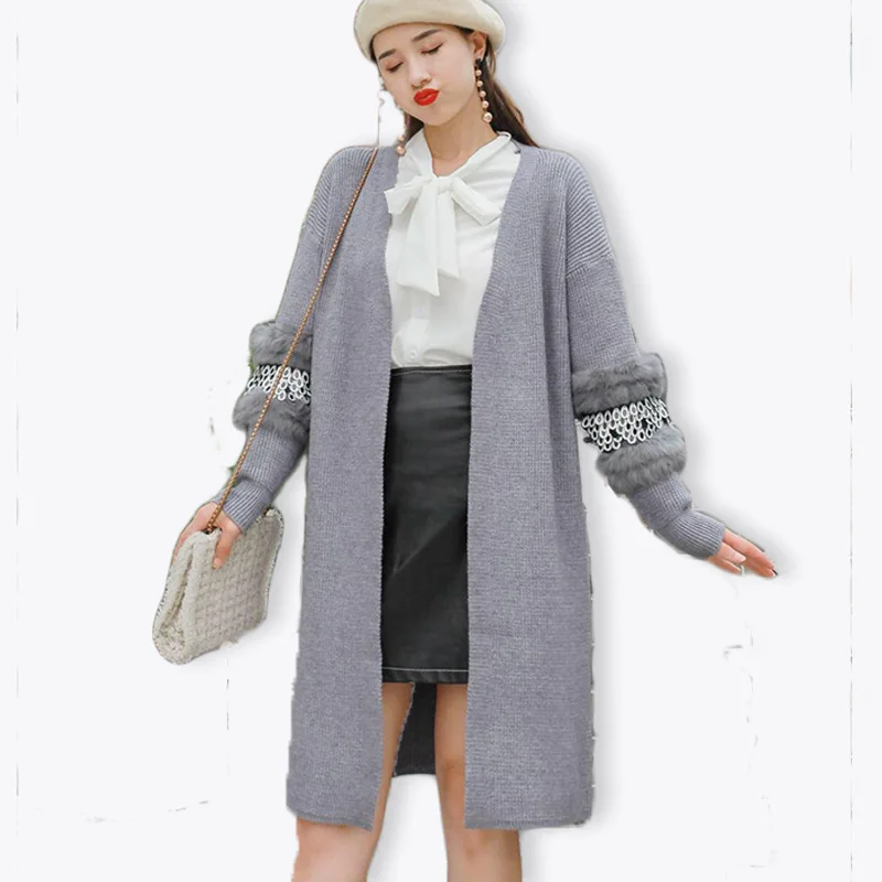 Chic Sequined Faux Rabbit Fur Spliced Sweater Coat Women Knit Long Knitted Cardigan Sleeve Tops Sueter Mujer Invierno 2020 |