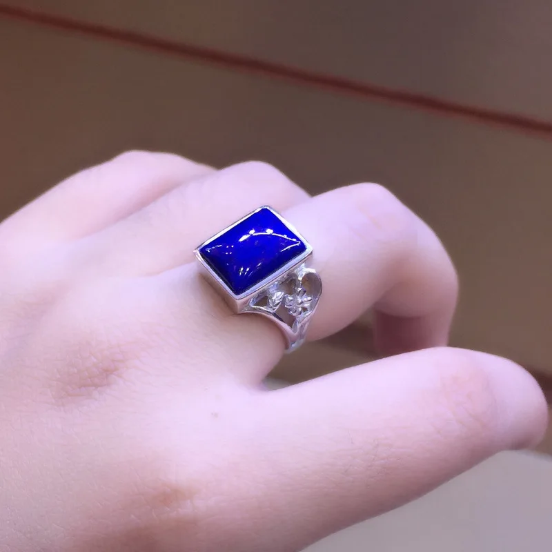 S925 чистое серебро инкрустированная натуральная Афганская lapis цветок квадратное отверстие кольцо выдалбливают Простой моды