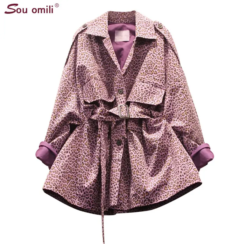 

Fall Dark Pink Leopard trench women female Windbreaker Loose plus size outwear coat corta vento feminina manteau femme