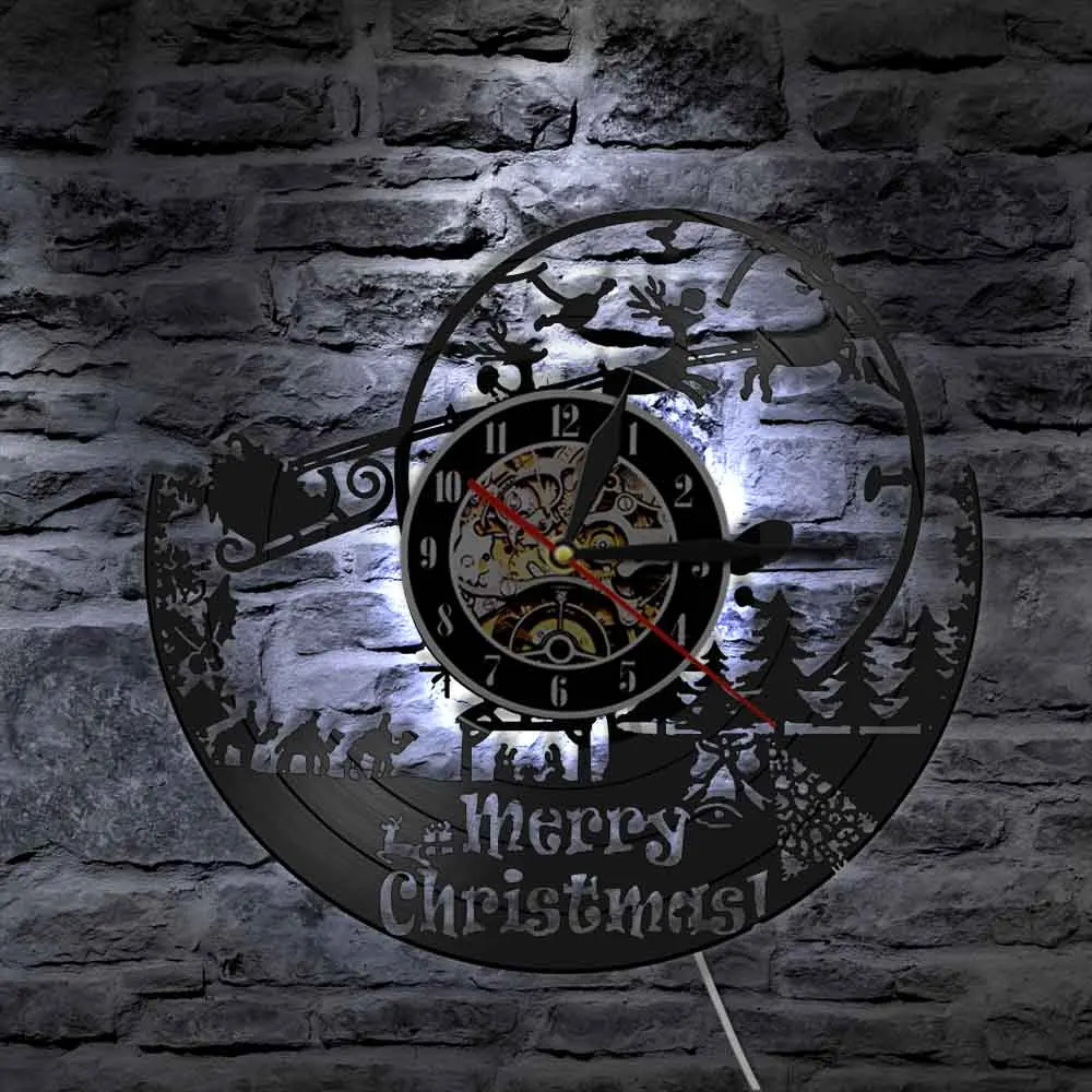 Merry Christmas Santa Claus Vinyl Record Wall Clock Saint Nicholas Gift Father Christmas Wall Decor Elf Vintage Clock Wall Watch