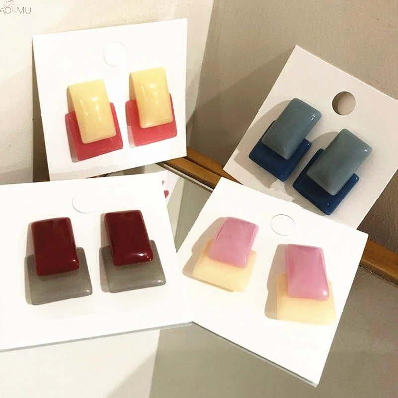 

AOMU New Korean Sweet Hit Color Geometric Splice Square Colorful Resin Stud Earrings for Women Girl Party Gift Statement Jewelry