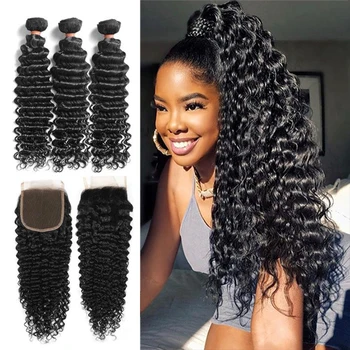 

Melodie Deep Wave Human Hair Bundles With Closure HD Iidian Virgin Frontal Kincky Curly Water 30 Inches Wet And Wavy Bundles