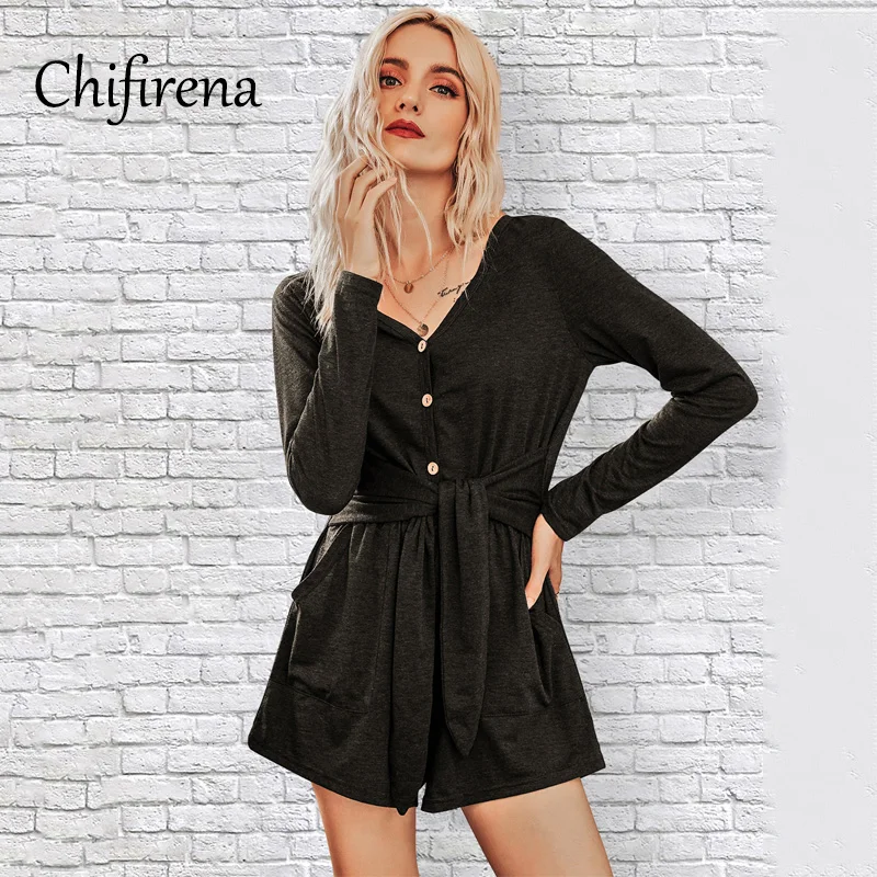 

Chifirena Long Sleeve Casual Playsuit Women Button Pocket Jumpsuit Belt Leisure Rompers Autumn Spring Loose Homewear Overalls