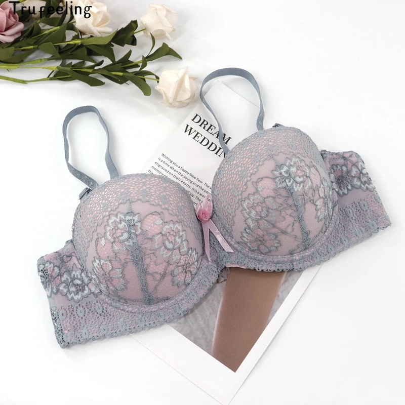 

Trufeeling Padded Double Push Up Sexy Bra for Young Ladies A B Cup Demi Bras Lingerie Top Floral Lace Back Closure Underwear