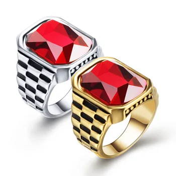 

New Personality Retro Ring Set with Red Gemstone Trend Jewelry Titanium Steel Men's Ring