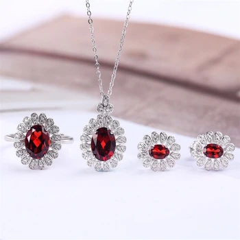 

High Quality 10x8mm Red Garnet 925 Silver Wedding Bride Jewelry Sets For Women Earring Necklace Pendant Ring 2020 New Whole Sall