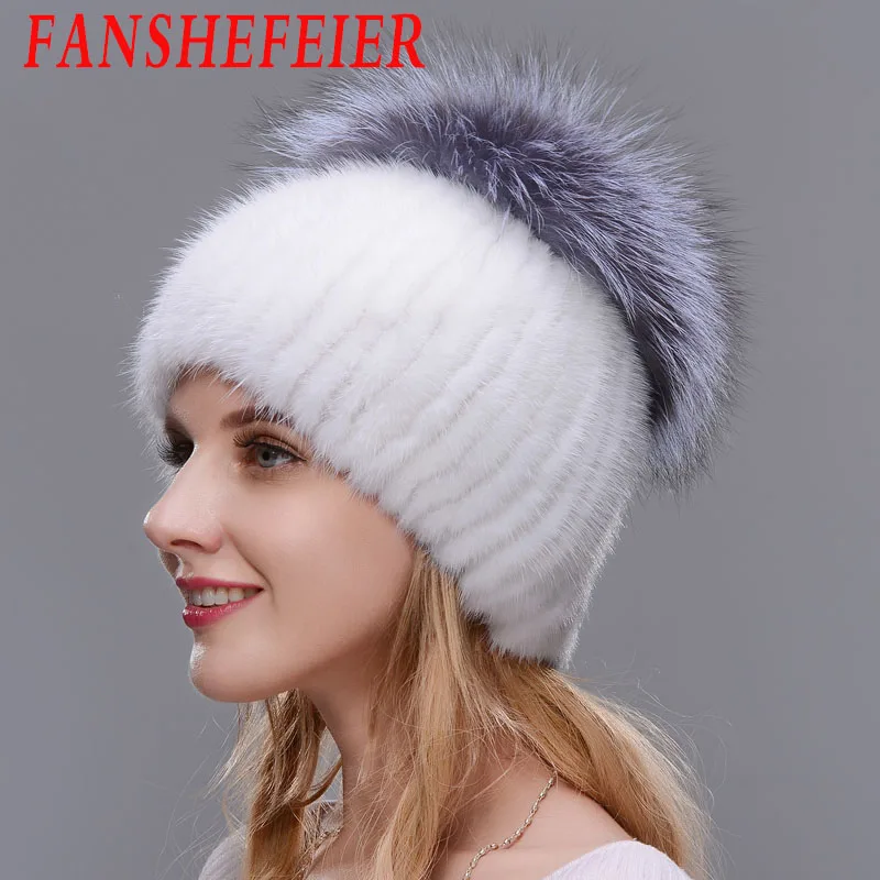 COLOR6 FANSHEFEIER женская меховая шапка зимняя натуральная норковая шапка с меховым помпоном из серебра лисы вязаные шапочки шапка новая распродажа меховые шапки - Цвет: COLOR6
