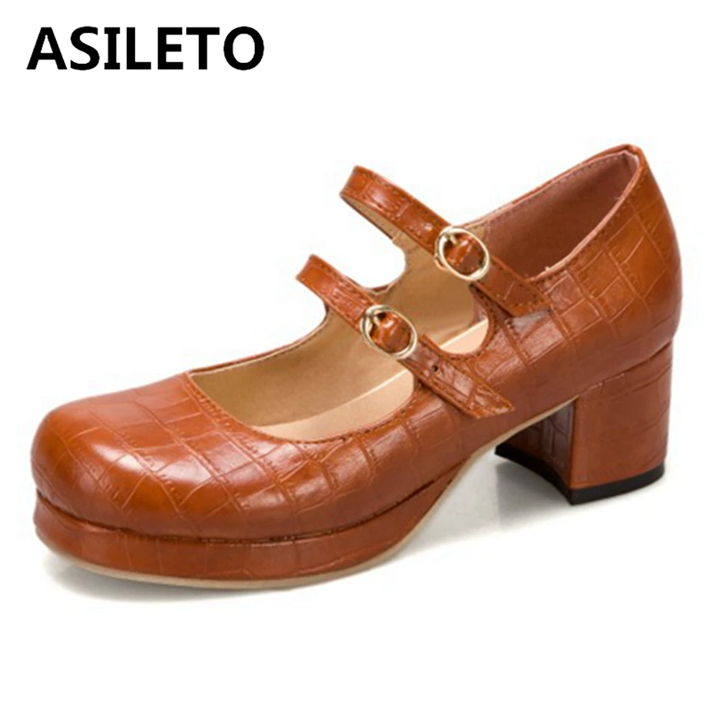 

ASILETO New 2021 Pumps Round Toe 5cm Block Heels Mary Jane Stylish Buckle Classic Simple Soft Comfort Big Size 43 Casual B2372