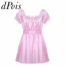 Мужской короткий рукав квадратный вырез Блестящий мягкий атласный, высокий, низкий дизайн перекрещивание нижнее белье SISSY платье с поясом ночное белье нижнее белье