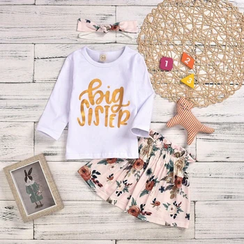 

Autumn Winter Baby Girls Kids Alpha Printed Romper Floral Printed Pants Free Headband Baby Sister Clothing Newborn Clothes 0-6Y