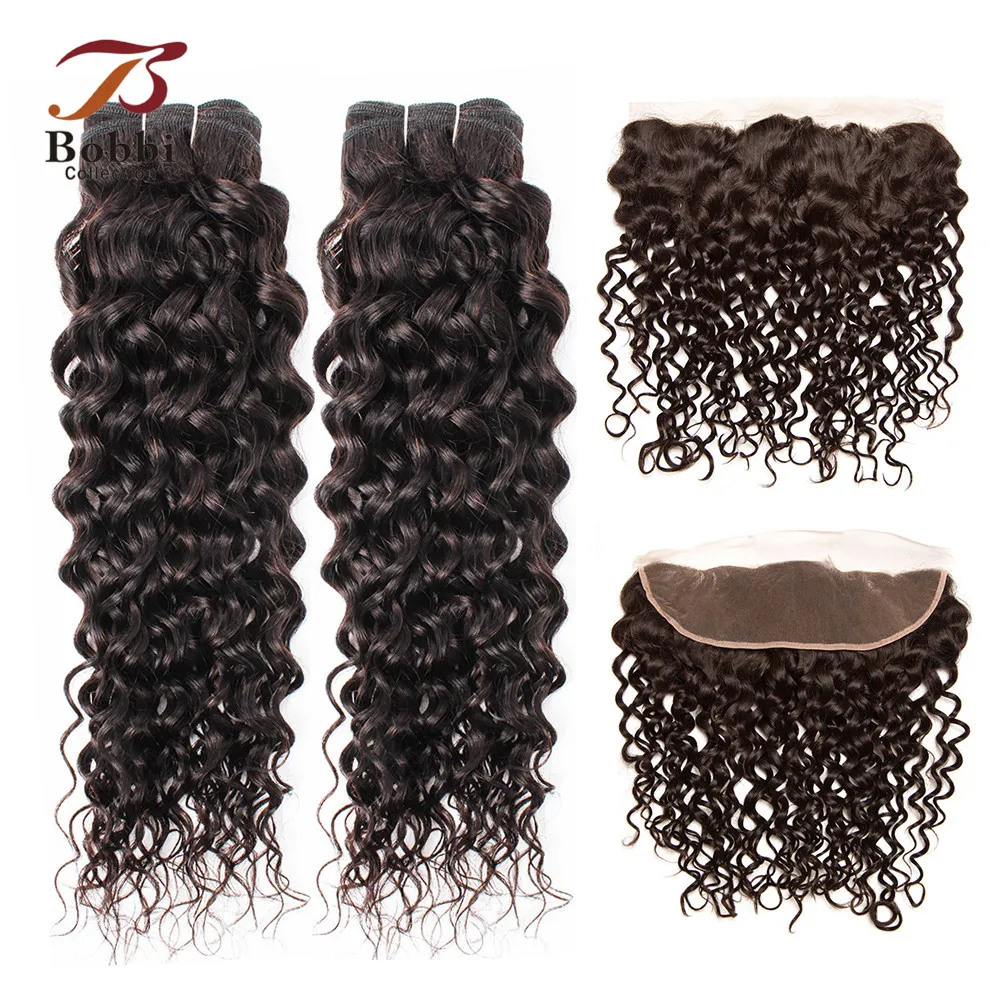 

BOBBI COLLECTION Color 2 Darkest Brown Brazilian Water Wave Hair 2/3 Bundles with 4x13 Lace Frontal Non Remy Human Hair Weave