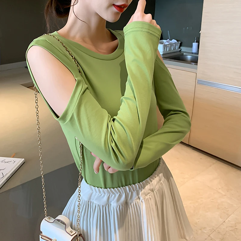 

Women O-neck Full Sleeve Off-shoulder T Shirts Lady Cotton Comfortable Elastic Tops Tees Female Simple Autumn T-Shirt GT055
