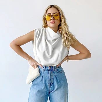 

Women White Turtleneck Solid Casual Blouse Summer Loose Sleeveless Female Blouses 2020 Fashion Ladies Cozy Streetwear Tops