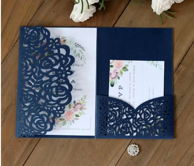 darkbluewhole set 80 шт. романтическое свадебное приглашение с розами, бежевое розовое весеннее блестящее лазерное ограждение, карман для приглашений, три сложения, индивидуальная печать - Цвет: darkbluewhole set