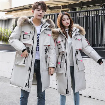 

Korean Safari Style Couple Down Cotton Women's and Men's Long Parka Students Large Fur Collar Hooded Thick Winter Coat Women