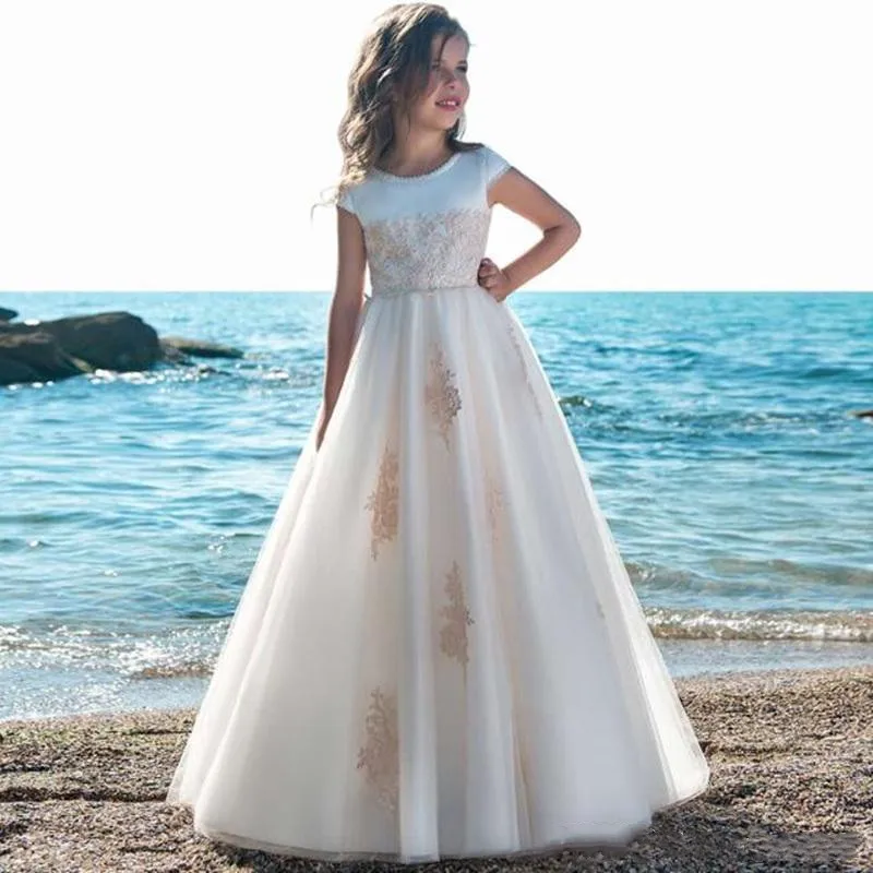 Новинка года; кружевное платье цвета шампанского с цветочным узором для девочек; вечерние платья; платье для дня рождения; размер на заказ