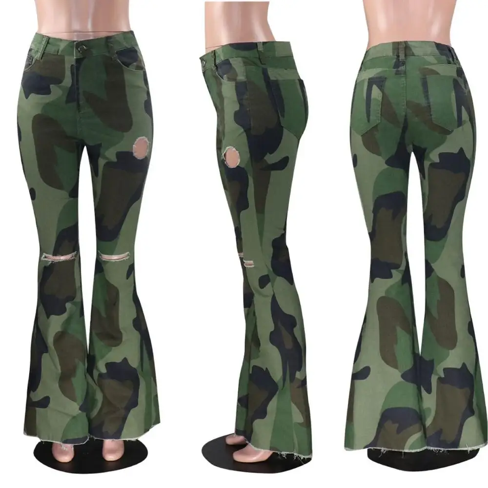 Fashion Hole Flare Camo Pants Women 