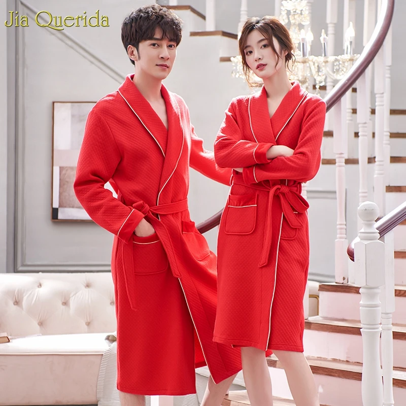 

Night Robe Couple Cotton Padded Minimalist Style Diamond Pattern Red Chinese Wedding Bridal Robes Coupel Kimono Warm Winter Robe