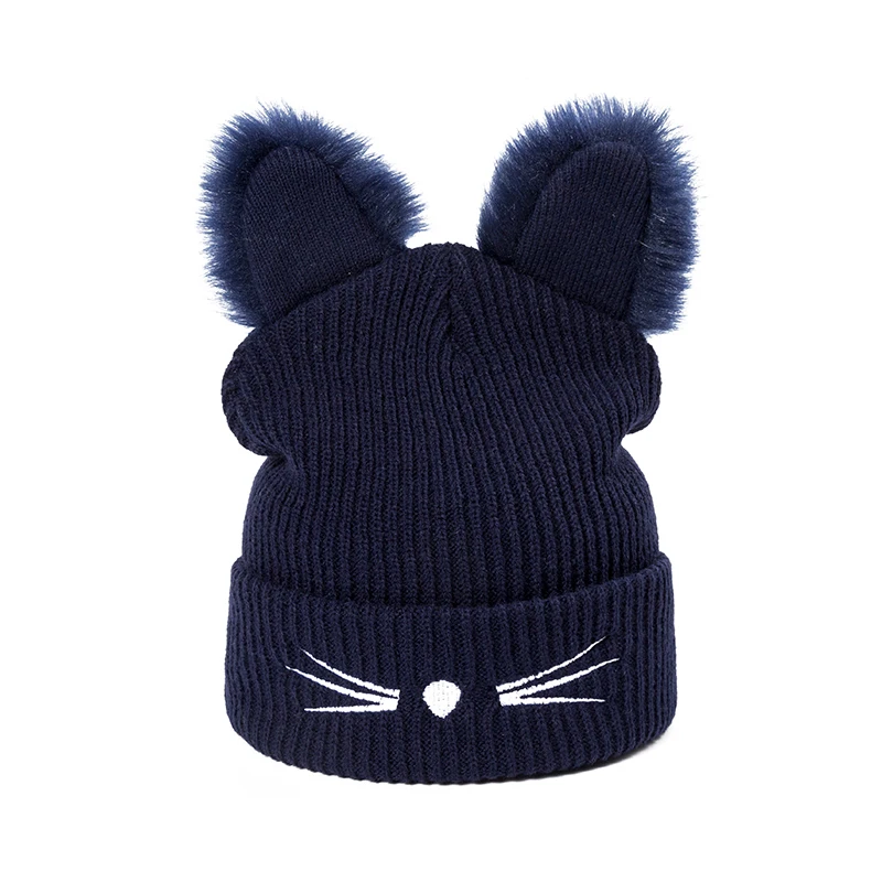 Новая зимняя Шапки для Bonnet, шерстяной шапка милые шапки свитер вязанный модный свитер из плотного головные уборы Skullies теплая наушники милый кот Для женщин
