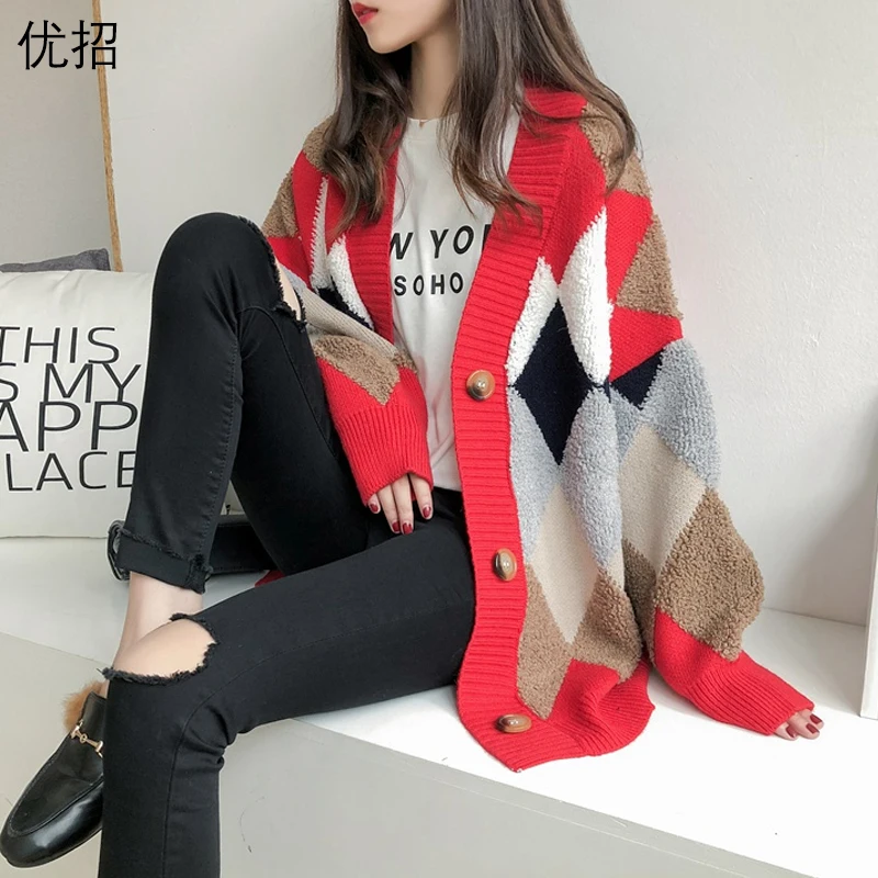 

Knitting Cardigan Women'S Argyle Sweater Coat 2020 New Autumn Winter Thick Korean Style Loose Oversize Female Cardigan Sweaters