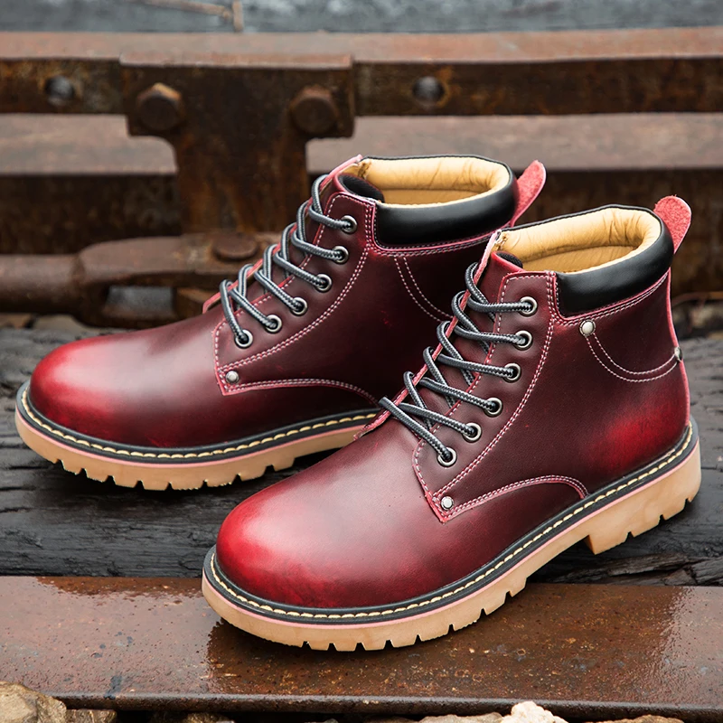 

Autumn/Winter Work Boots For Men Wine Red British Retro Leather Boots Men With Fur Mens Motorcycle Boots Outdoor Combat Boot