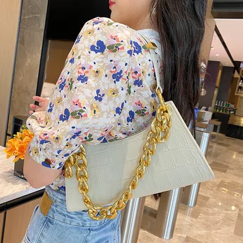 

Genuine Leather Bag with Chain 2020 New Style Women's Leather Bag Retro Armpit Shoulder Bag Baguette Bag Crocodile Pattern Frog-