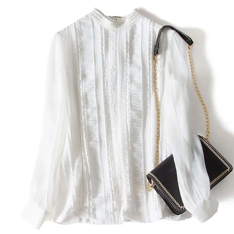 

White Blouse Women 2020 Stand Natural Silk Patchwork Lace Office Lady Womans Fashion Elegant Spring Autumn Chiffon Blouses