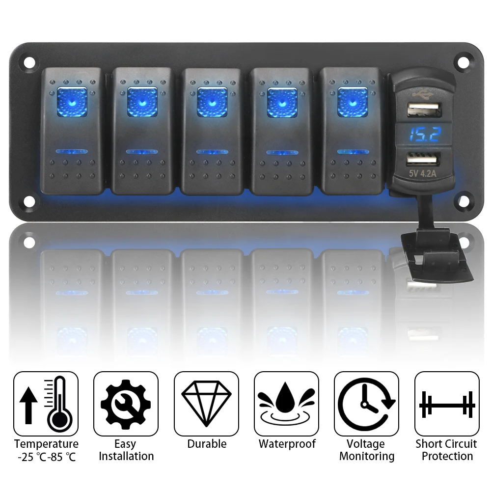 

For Marine Car Truck 4.2A Outlet Combination Waterproof Digital Voltage Display 5 Gang Rocker Switch Panel Dual USB Port
