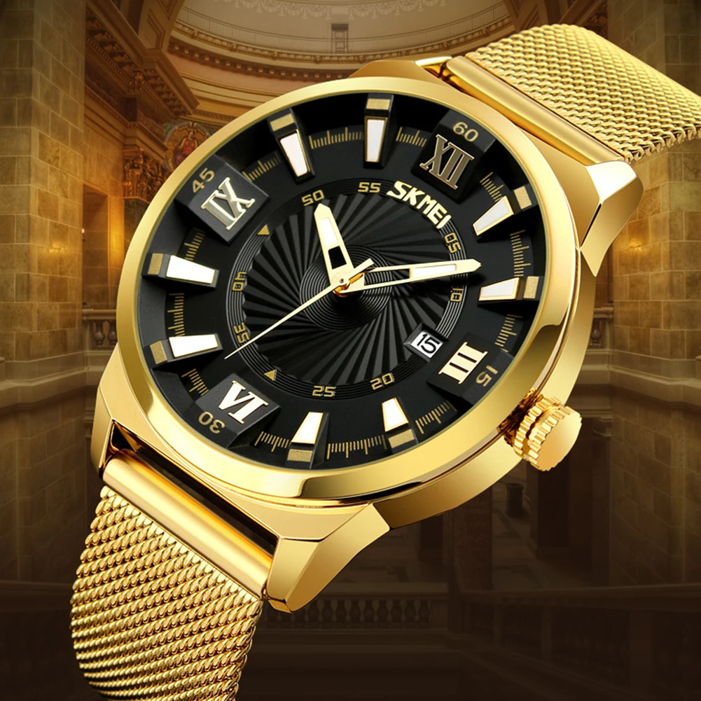 Изысканное мастерство SKMEI 9166, круглый циферблат, сплав, сетка, ремешок, Кварцевые аналоговые наручные часы, Мужские классические модные часы
