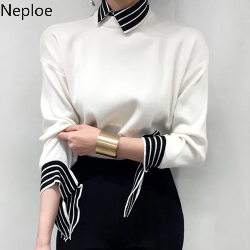 Neploe, корейский стиль, Ретро стиль, отложной воротник, полосатый лоскутный пуловер, свитер на шнуровке, длинный рукав, женская зимняя одежда 48672