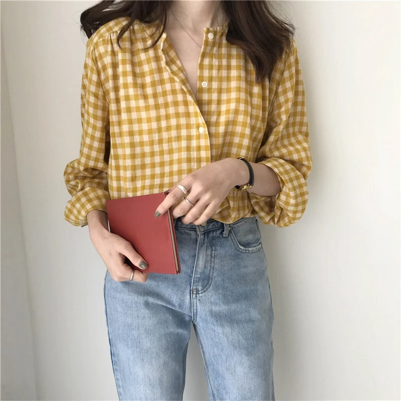 Women Blouse V-Neck Long Sleeve Autumn Plaid Korean Style Cotton Sexy Tops Lady Blouse Female Casual Shirt 2019 New Women Blouse V-Neck Long Sleeve Autumn Plaid Korean Style Cotton Sexy Tops Lady Blouse Female Casual Shirt 2019 New
