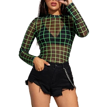 

Summer Women Fashion Casual Long Sleeve Plaid Round Neck Mesh Bodysuits Lady New Clothes Tops