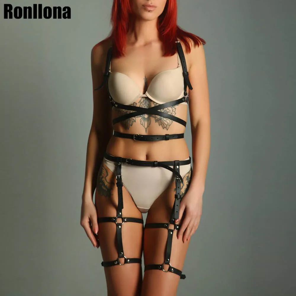 Ronllona кожаное нижнее белье, комплект из 2 предметов, подвязки, ремни, сексуальный женский пояс, бандаж для ног, клетка, ремни, бюстгальтер, подвязки, ремни для тела
