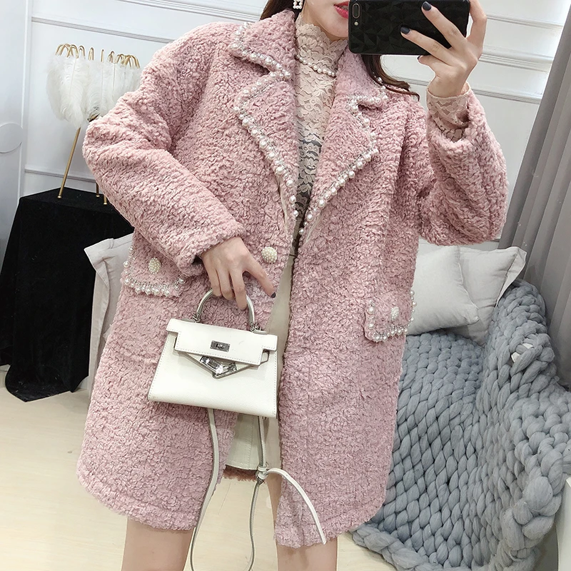 pink Высококачественное кашемировое меховое пальто, женская модная меховая куртка с бисером, толстое теплое пальто, свободное меховое пальто из овечьей шерсти, длинное меховое пальто - Цвет: pink