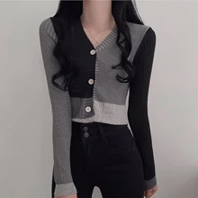 

Women's Knitted Cardigan Autumn 2021 New Long Sleeve Short Patchwork Knitwear Female V Neck Slim Sinlge Breasted Casual Sweaters