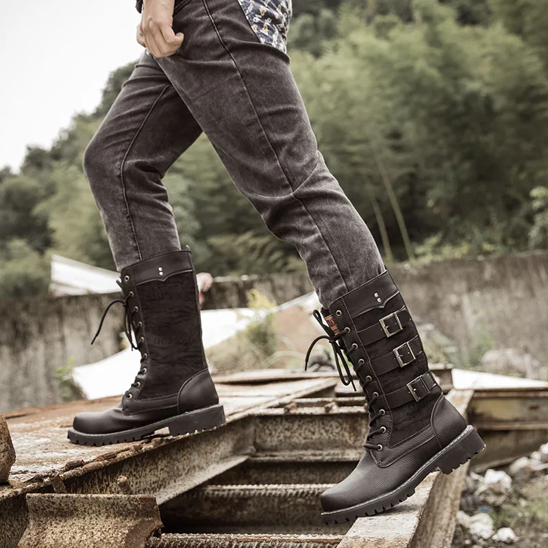 Rock Shoes Mens Punk Boots Black Combat Military High Bot Lace Up Army Shoes Metal Buckle Mid Calf