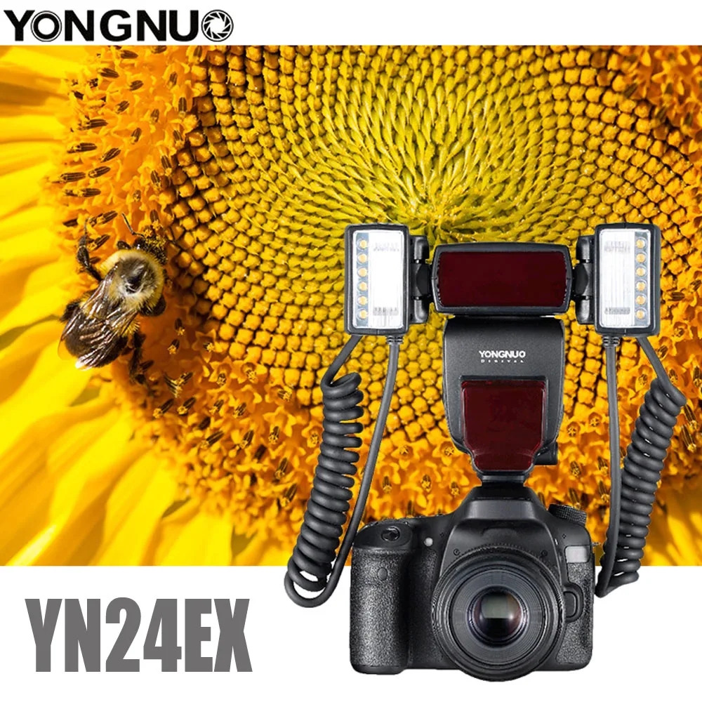 

Yongnuo YN24EX E TTL Macro Flash Speedlite for Canon EOS 1Dx 5D3 6D 7D 70D 80D Cameras with 2pcs Flash Head + 4pcs Adapter Rings