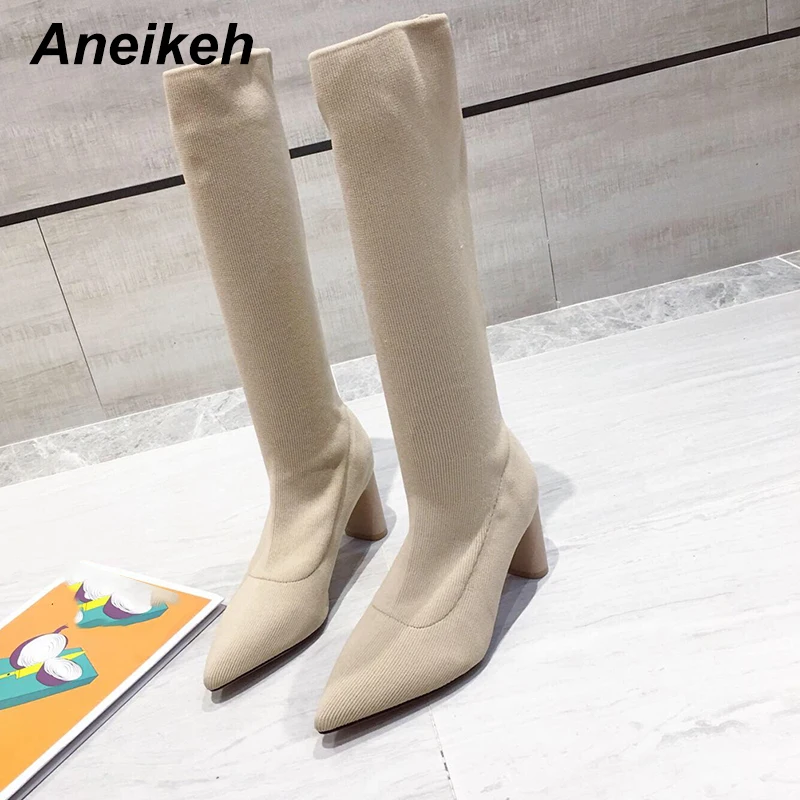 Aneikeh; коллекция года; классические вязаные эластичные сапоги до колена; женские туфли-лодочки; туфли на высоком каблуке-шпильке с острым носком; обувь для верховой езды