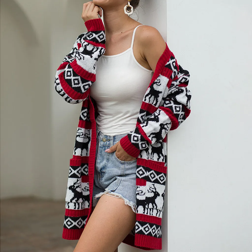 JAYCOSIN Women Sweater Christmas Elk Print Fashion Sweater Open stitch female Winter Long Sleeve sweaters overcoats pockets