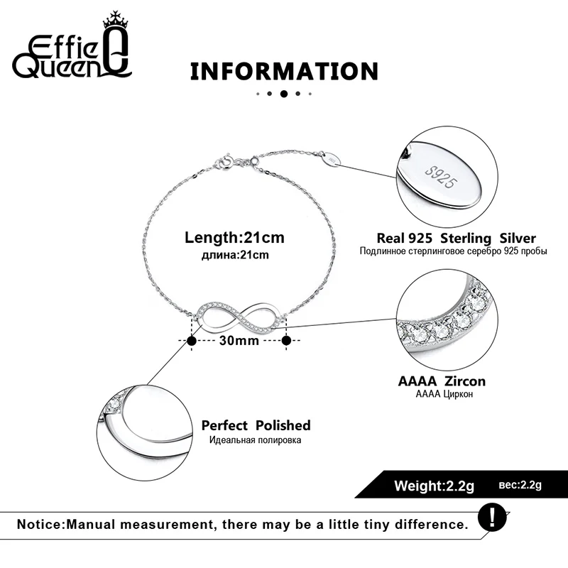 Effie queen Настоящее серебро 925 AAAA Циркон счастливые цифры 8 знак бесконечности браслет Женские аксессуары подарок для девочек BB54