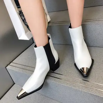 

Natural Genuine leather boots women metal pointed toe ladies ankle boots for women square heels spring autumn shoes