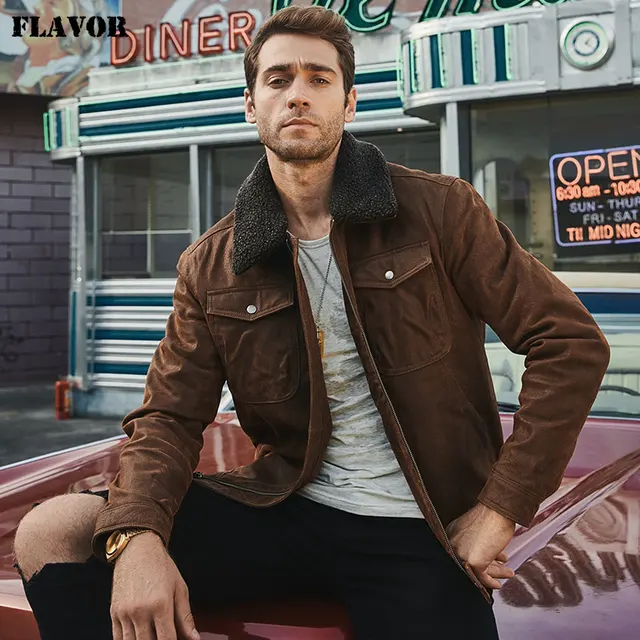 FLAVOR Men s Real Leather Jacket Genuine Leather jacket with faux fur collar male Motorcycle warm FLAVOR Men's Real Leather Jacket Genuine Leather jacket with faux fur collar male Motorcycle warm coat Genuine Leather Jacket