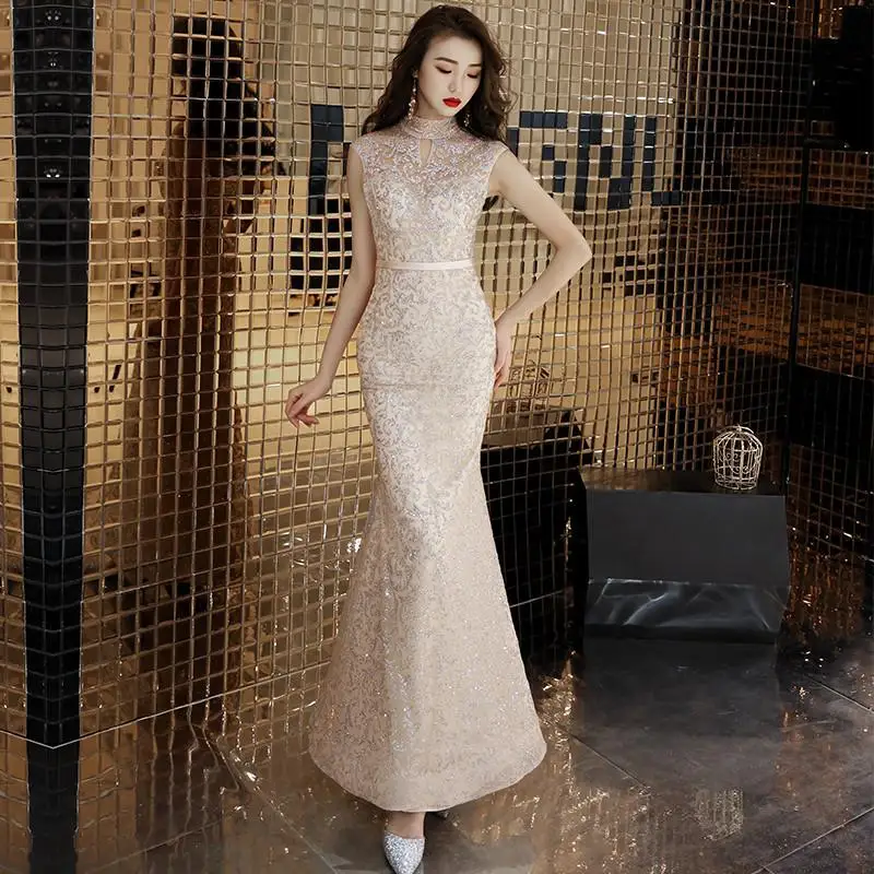 Appliques Princess Sexy Elegant Bridal Wedding Dress Cheongsam Fishtail Ball Gown Dress Vestidos De Festa Bling Lady Qipao - Цвет: Champagne B