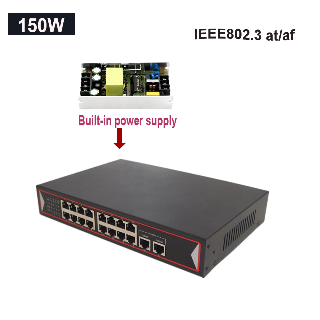 48 В POE коммутатор Ethernet 6 16 сетевые порты 10/100 Мбит/с порты IEEE 802,3 AF/AT IP камера беспроводной AP сетевой коммутатор - Цвет: 18 Port POE Switch
